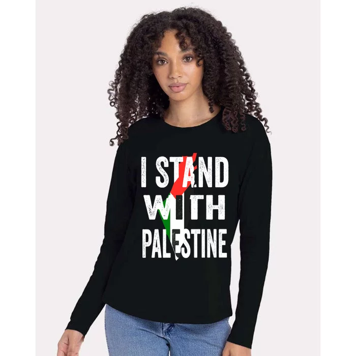 I Stand With Palestine Flag And Map Womens Cotton Relaxed Long Sleeve T-Shirt