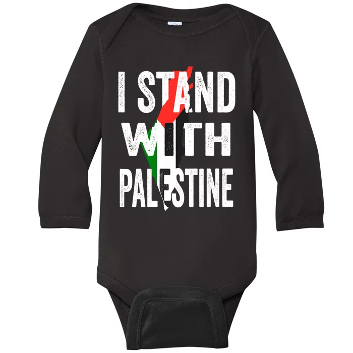 I Stand With Palestine Flag And Map Baby Long Sleeve Bodysuit