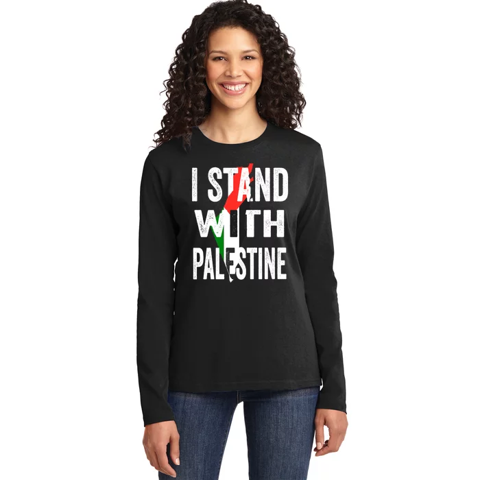 I Stand With Palestine Flag And Map Ladies Long Sleeve Shirt