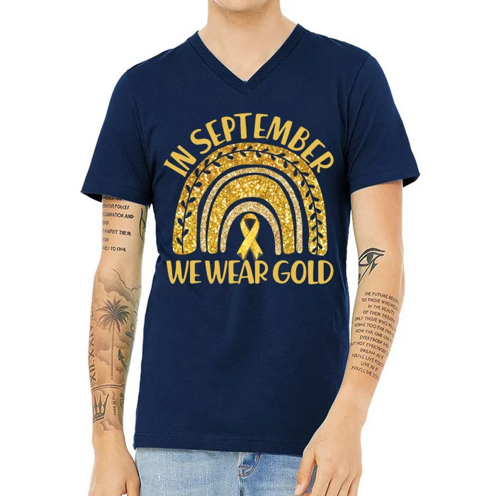 In September We Wear Gold Childhood Cancer Awareness Golden Rainbow V-Neck T-Shirt