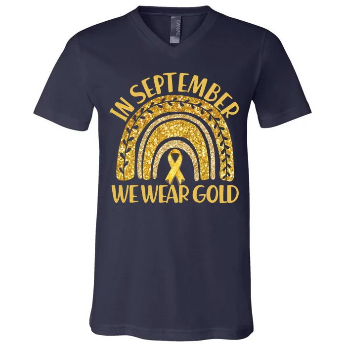 In September We Wear Gold Childhood Cancer Awareness Golden Rainbow V-Neck T-Shirt