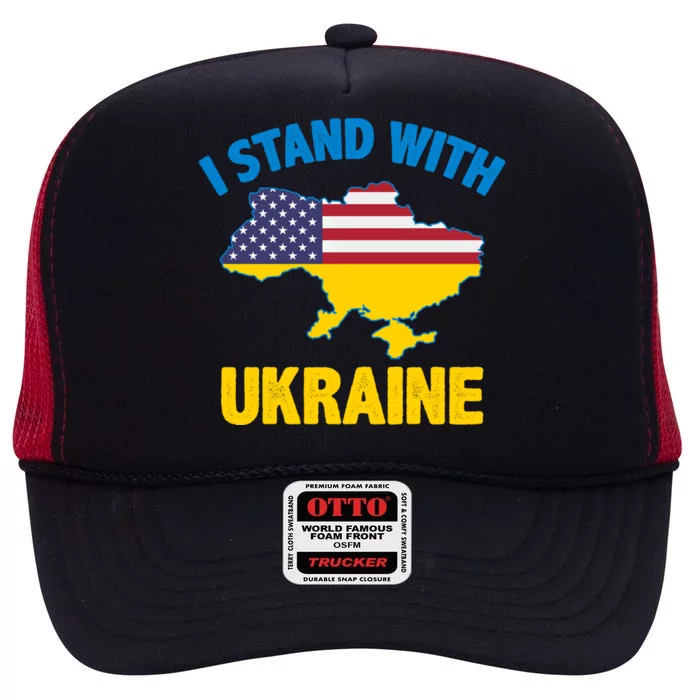 I Stand With Ukraine Map American Flag Us Support Ukrainian Gift High Crown Mesh Trucker Hat