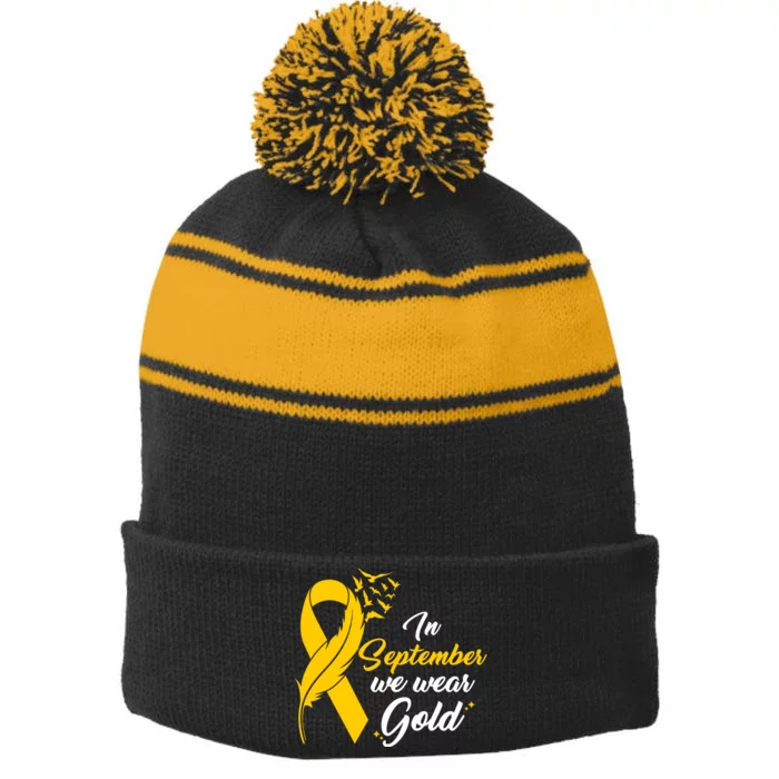 In September We Wear Gold Childhood Cancer Awareness Stripe Pom Pom Beanie