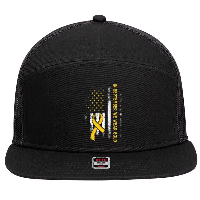 In September We Wear Gold Us Flag Childhood Cancer Awareness 7 Panel Mesh Trucker Snapback Hat