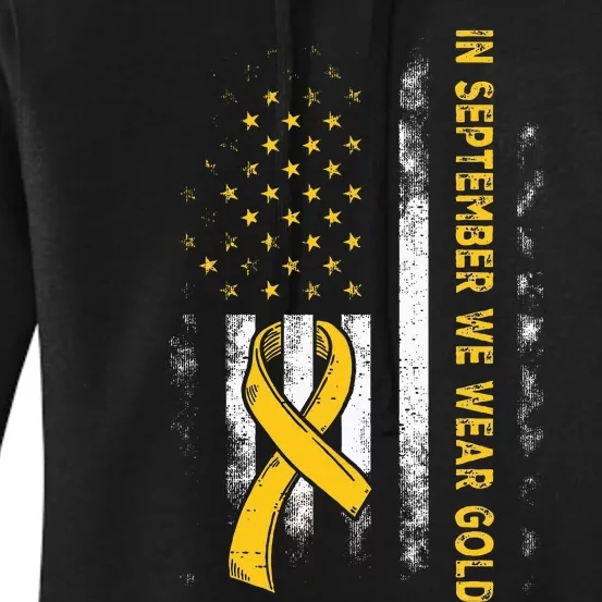 In September We Wear Gold Us Flag Childhood Cancer Awareness Women's Pullover Hoodie