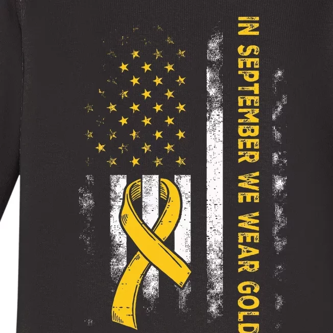 In September We Wear Gold Us Flag Childhood Cancer Awareness Baby Long Sleeve Bodysuit