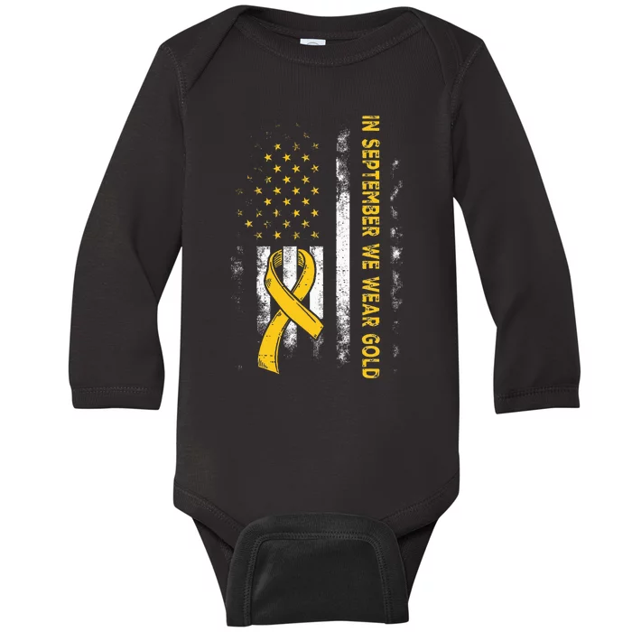 In September We Wear Gold Us Flag Childhood Cancer Awareness Baby Long Sleeve Bodysuit