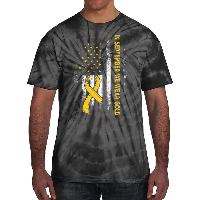 In September We Wear Gold Us Flag Childhood Cancer Awareness Tie-Dye T-Shirt