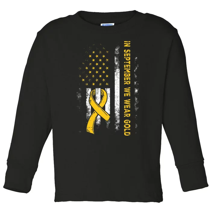 In September We Wear Gold Us Flag Childhood Cancer Awareness Toddler Long Sleeve Shirt