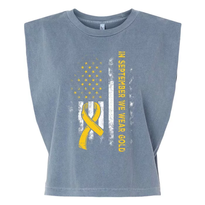 In September We Wear Gold Us Flag Childhood Cancer Awareness Garment-Dyed Women's Muscle Tee