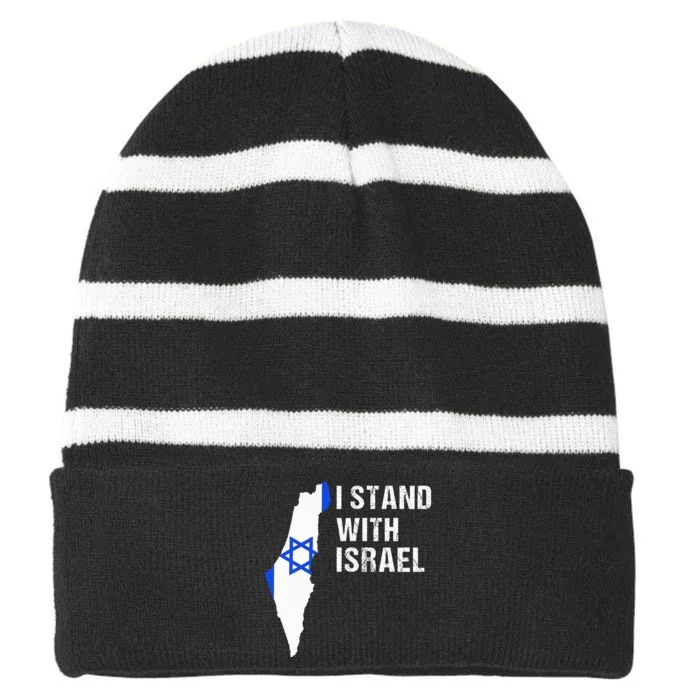 I Stand With Israel Jewish Gifts Heritage Israeli Flag Striped Beanie with Solid Band