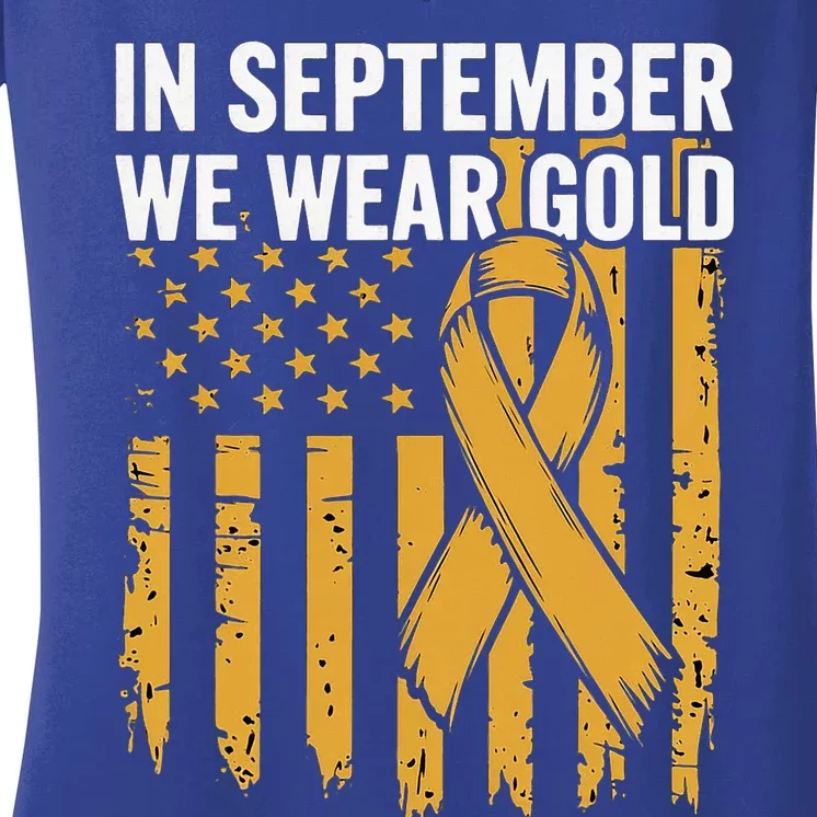 In September We Wear Gold Childhood Cancer Awareness Us Flag Women's V-Neck T-Shirt