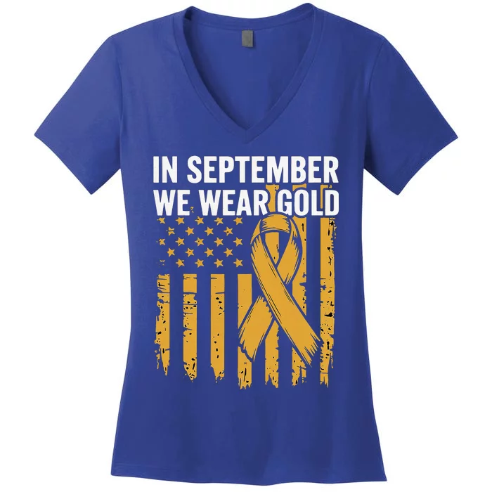 In September We Wear Gold Childhood Cancer Awareness Us Flag Women's V-Neck T-Shirt