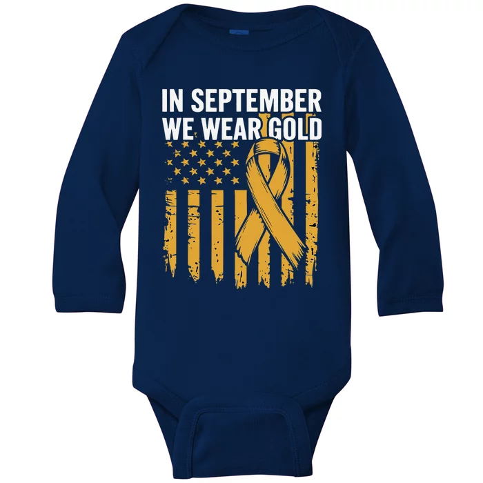 In September We Wear Gold Childhood Cancer Awareness Us Flag Baby Long Sleeve Bodysuit