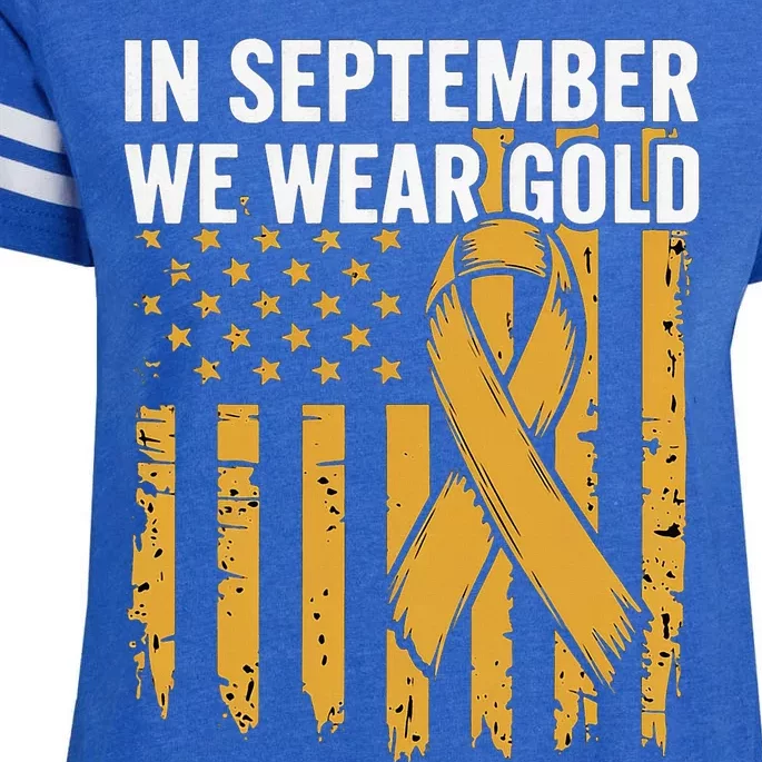 In September We Wear Gold Childhood Cancer Awareness Us Flag Enza Ladies Jersey Football T-Shirt