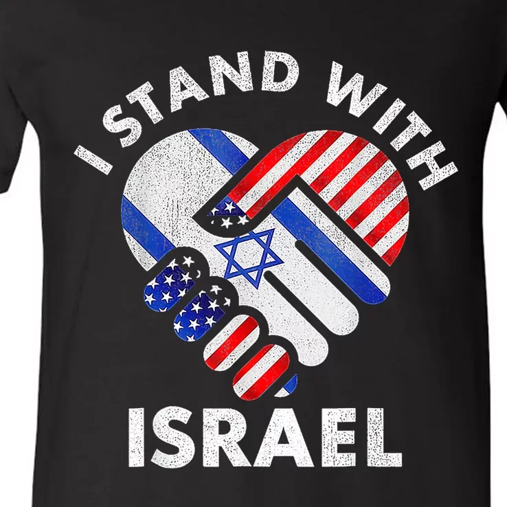 I Stand With Israel Usa American Flag With Israel Flag Heart V-Neck T-Shirt