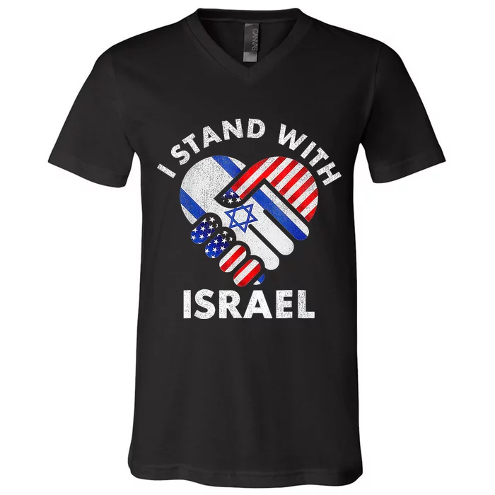 I Stand With Israel Usa American Flag With Israel Flag Heart V-Neck T-Shirt