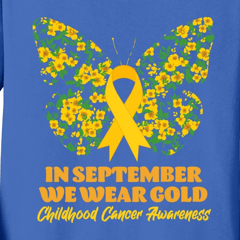 In September We Wear Gold Childhood Cancer Awareness Flower Butterfly Kids Long Sleeve Shirt