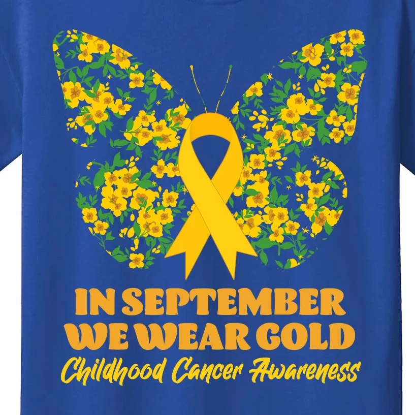 In September We Wear Gold Childhood Cancer Awareness Flower Butterfly Kids T-Shirt