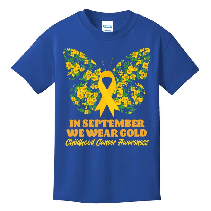 In September We Wear Gold Childhood Cancer Awareness Flower Butterfly Kids T-Shirt