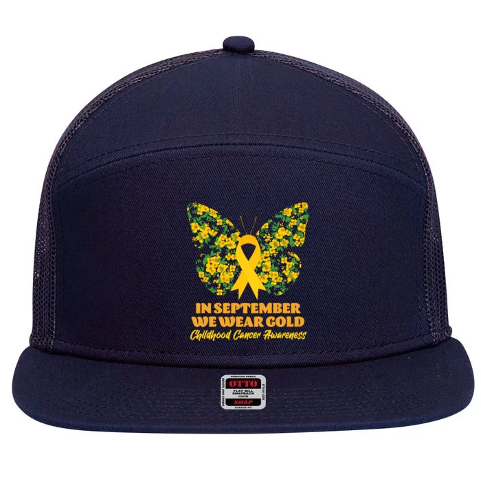 In September We Wear Gold Childhood Cancer Awareness Flower Butterfly 7 Panel Mesh Trucker Snapback Hat