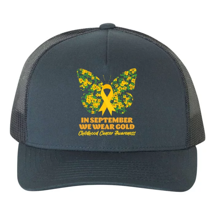 In September We Wear Gold Childhood Cancer Awareness Flower Butterfly Yupoong Adult 5-Panel Trucker Hat