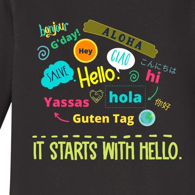 It Starts With Hello Friendship Unity Inclusion Teacher Gift Baby Long Sleeve Bodysuit