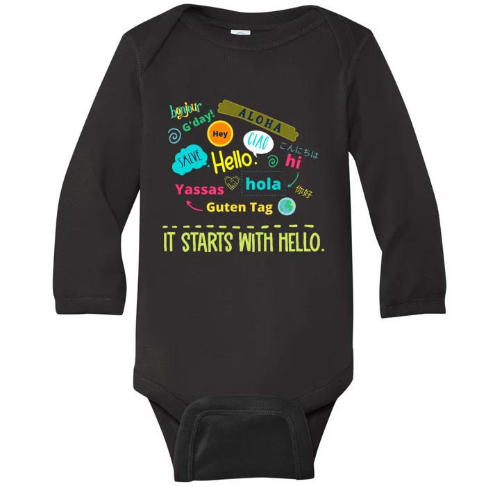 It Starts With Hello Friendship Unity Inclusion Teacher Gift Baby Long Sleeve Bodysuit