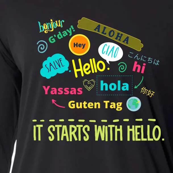 It Starts With Hello Friendship Unity Inclusion Teacher Gift Cooling Performance Long Sleeve Crew