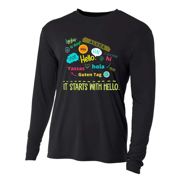 It Starts With Hello Friendship Unity Inclusion Teacher Gift Cooling Performance Long Sleeve Crew