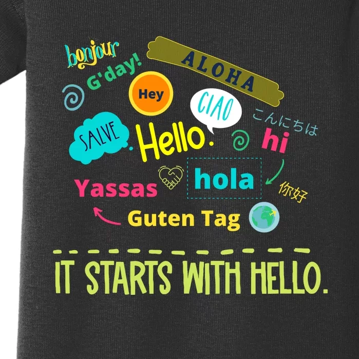 It Starts With Hello Friendship Unity Inclusion Teacher Gift Baby Bodysuit