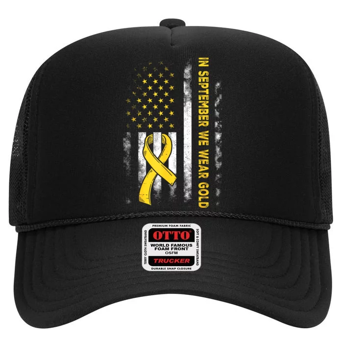 In September We Wear Gold Us Flag Childhood Cancer Awareness High Crown Mesh Trucker Hat