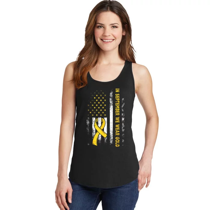 In September We Wear Gold Us Flag Childhood Cancer Awareness Ladies Essential Tank