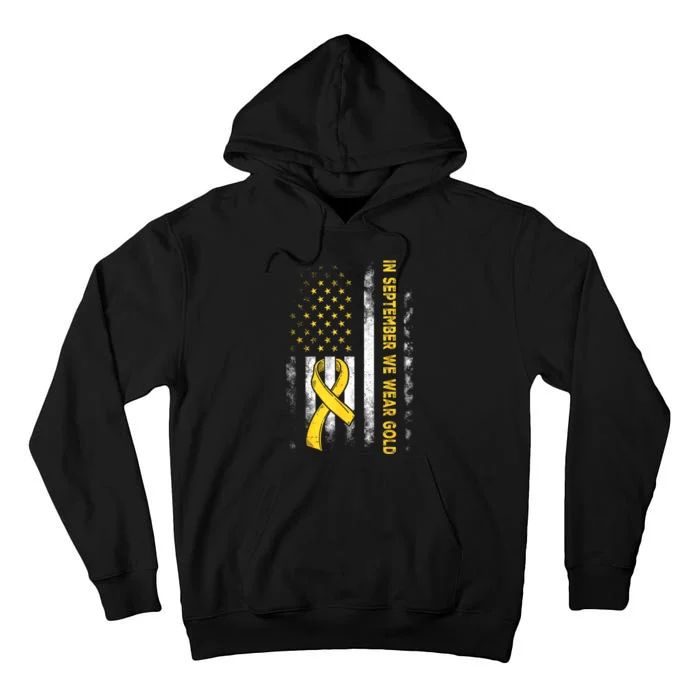 In September We Wear Gold Us Flag Childhood Cancer Awareness Tall Hoodie