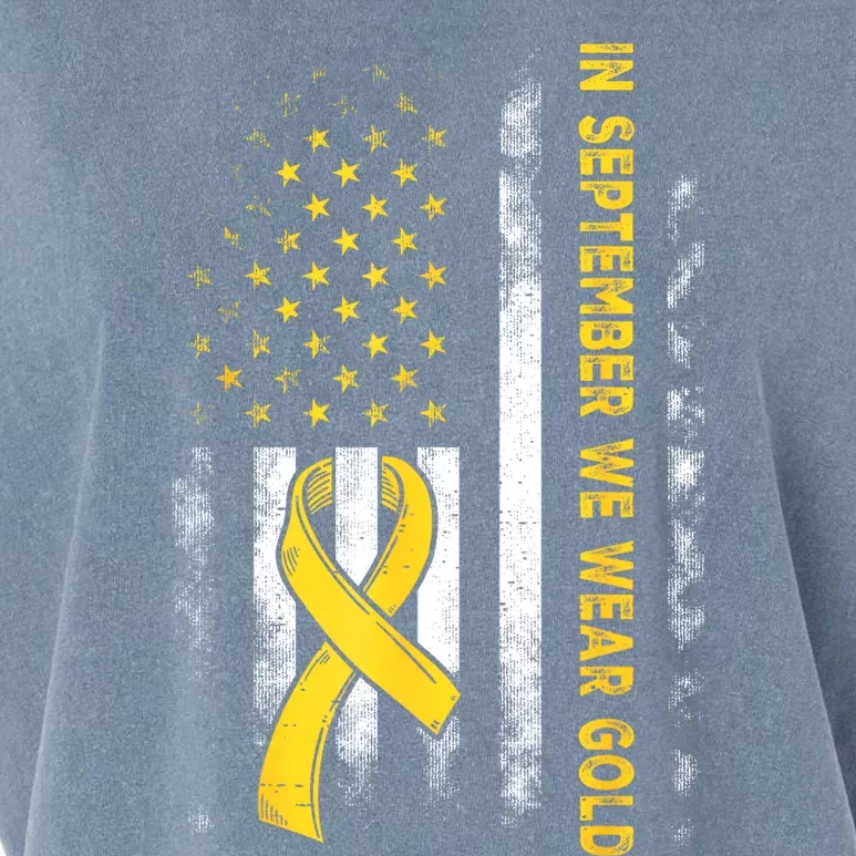 In September We Wear Gold Us Flag Childhood Cancer Awareness Garment-Dyed Women's Muscle Tee