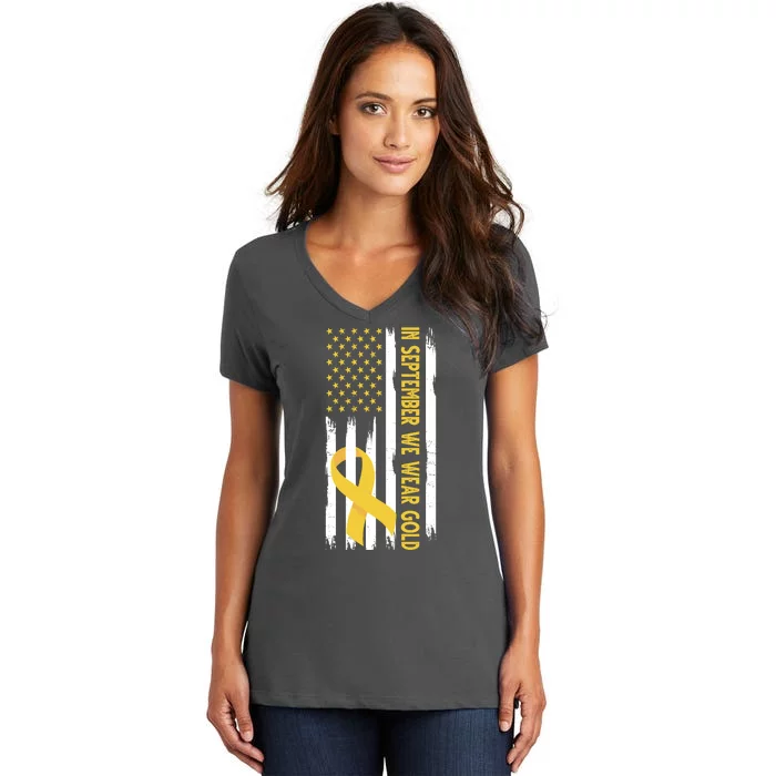 In September We Wear Gold Childhood Cancer Awareness Flag Women's V-Neck T-Shirt