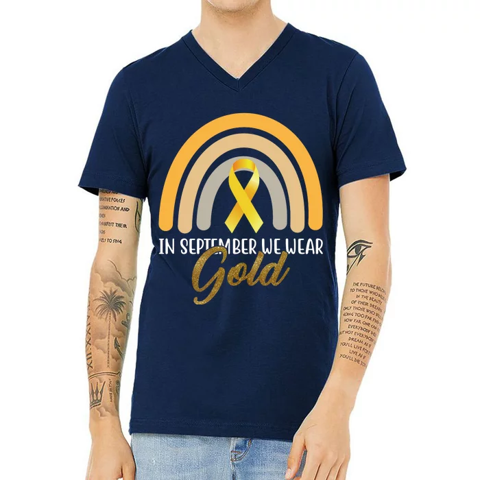 In September We Wear Gold Childhood Cancer Rainbow V-Neck T-Shirt