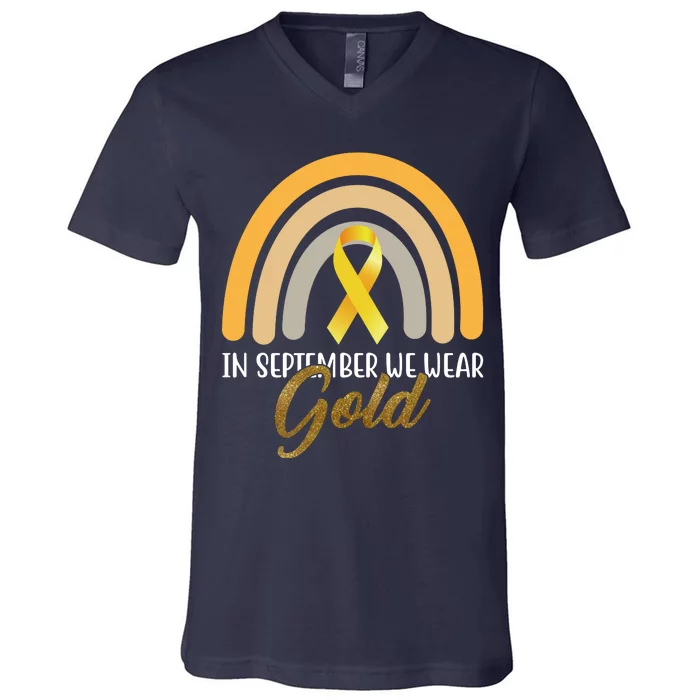 In September We Wear Gold Childhood Cancer Rainbow V-Neck T-Shirt