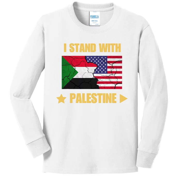 I Stand With Palestine American Flag With Palestine Flag Kids Long Sleeve Shirt