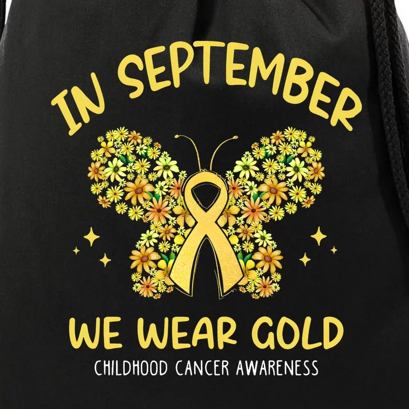 In September We Wear Gold Childhood Cancer Butterfly Gold Ribbon Drawstring Bag