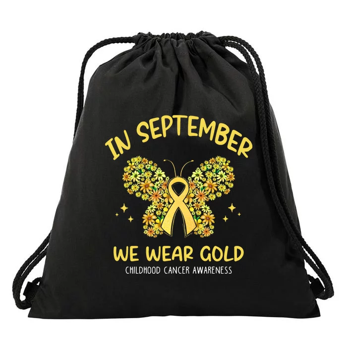 In September We Wear Gold Childhood Cancer Butterfly Gold Ribbon Drawstring Bag