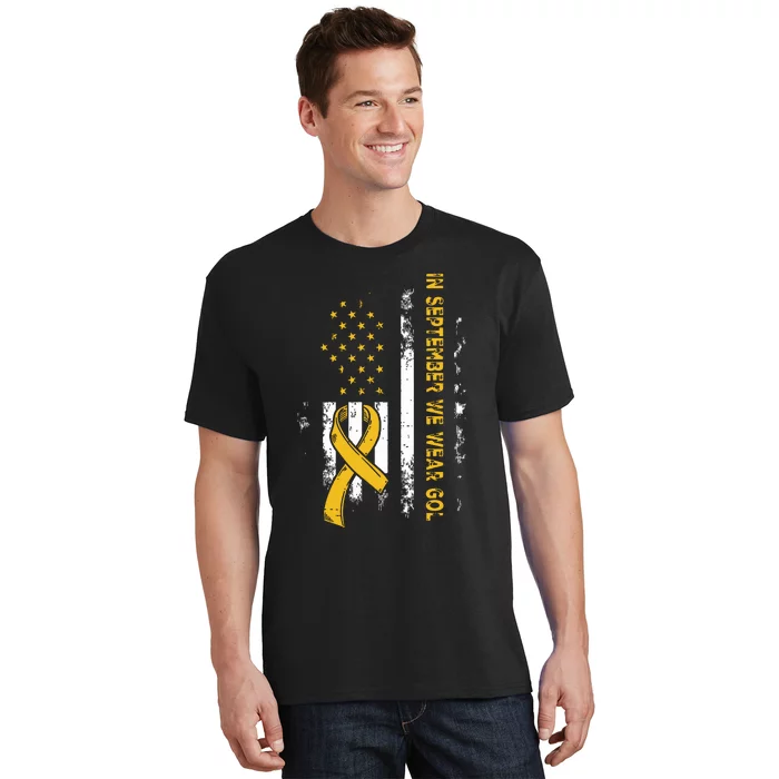 In September We Wear Gold Us Flag Childhood Cancer Awareness T-Shirt