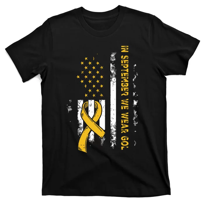 In September We Wear Gold Us Flag Childhood Cancer Awareness T-Shirt