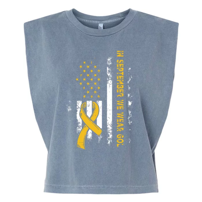 In September We Wear Gold Us Flag Childhood Cancer Awareness Garment-Dyed Women's Muscle Tee