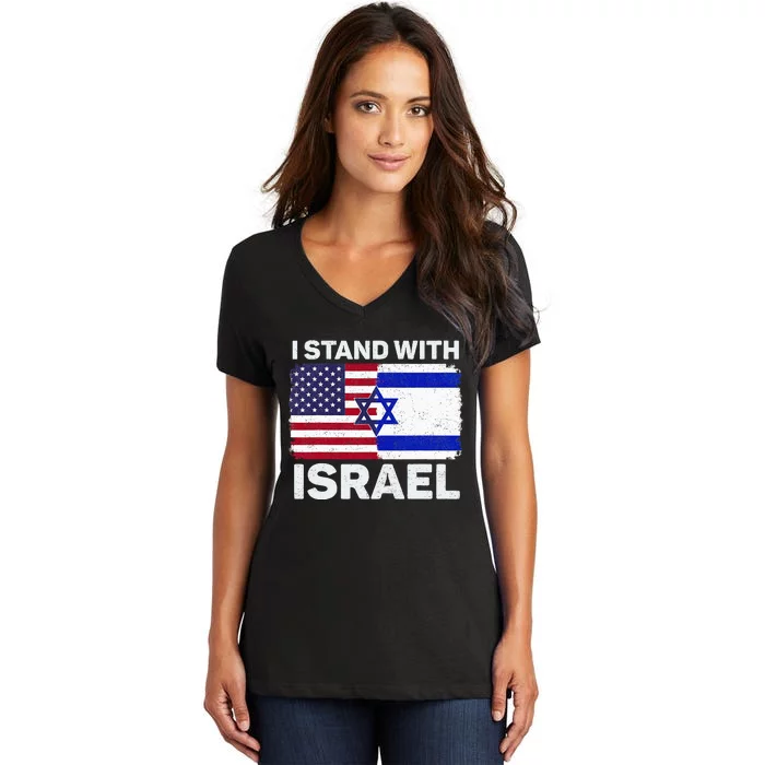 I Stand With Israel USA American Flag with Israel Flag Women's V-Neck T-Shirt