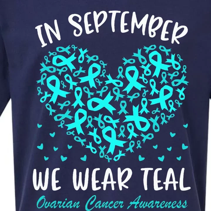 In September We Wear Teal Ovarian Cancer Awareness Hearts Sueded Cloud Jersey T-Shirt