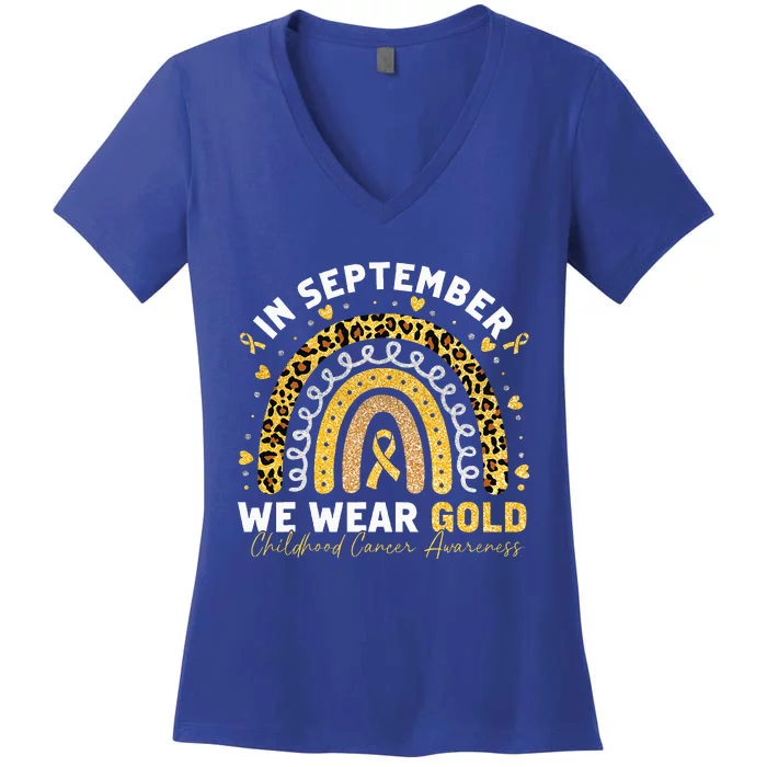 In September We Wear Gold Childhood Cancer Awareness Rainbow Women's V-Neck T-Shirt