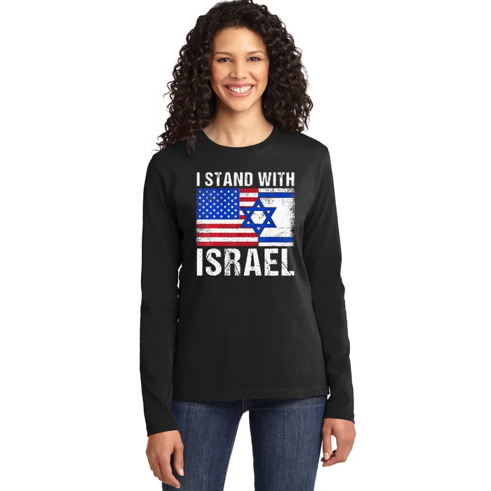 I Stand With Israel Patriotic USA and Israel Flag Ladies Long Sleeve Shirt