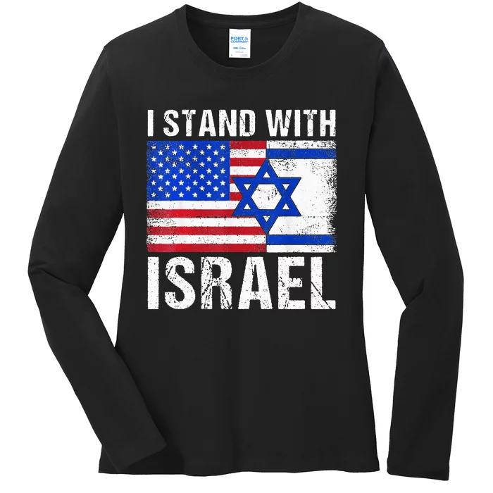 I Stand With Israel Patriotic USA and Israel Flag Ladies Long Sleeve Shirt