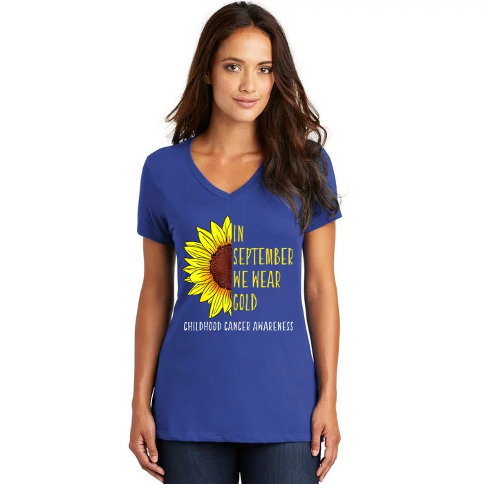 In September Wear Gold Childhood Cancer Awareness Sunflower Women's V-Neck T-Shirt